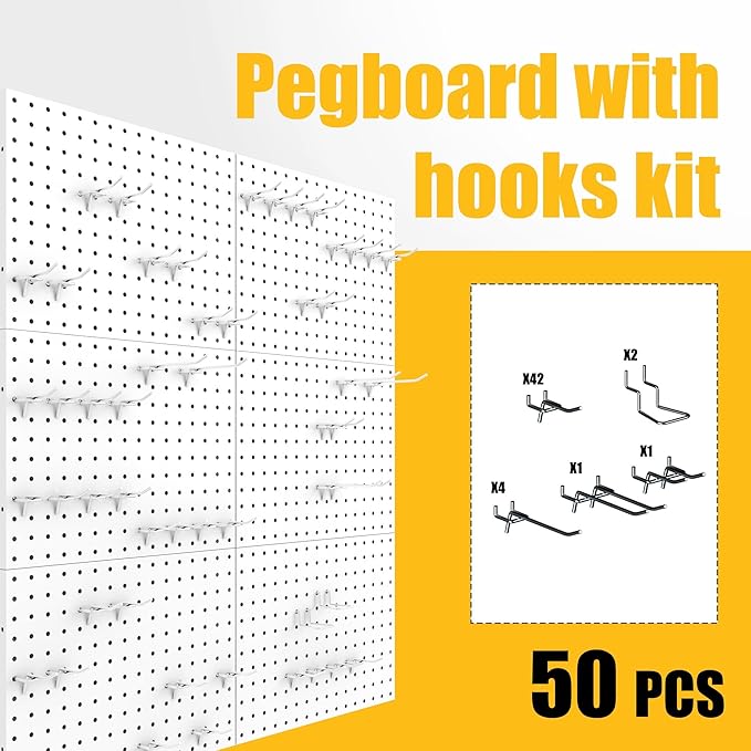 Peg Board, 6 Pack Metal Pegboard Panels White Pegboards Wall Organizer with 50 Hooks, Heavy Duty Peg Board for Walls Home, Garage Tool Storage, Office Organization, Craft Room, Kitchen