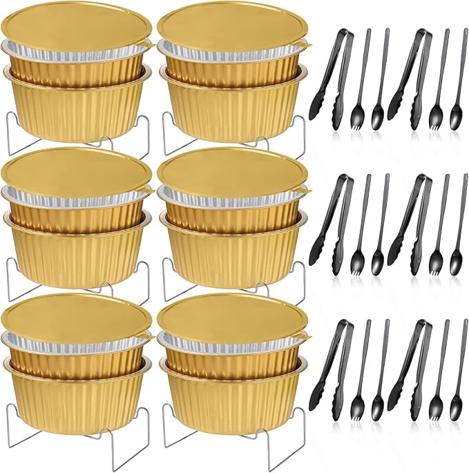 Meanplan 6 Set Disposable Chafing Dishes Buffet Set Gold Chafer Wire Racks Stand Kit Dish Food Warmer Catering Serving Trays Party Supplies Include Chafer Pans Serving with Utensils and Buffet Stand