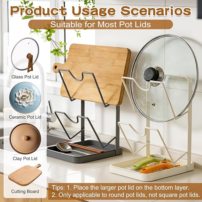 Kitchen Pot Lid Storage Rack, Pot Lid Holder With U-Shaped Vertical Slots, Multifunctional Kitchen Pot Cover Organizer for Countertop, With Removable Drip Tray for Stove Top (Black)