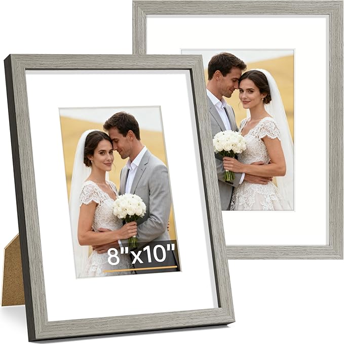 Vittanly 8x10 Picture Frame Set of 2, Solid Wood Frame for Wall or Tabletop, Display Photo 5x7 with Mat or 8x10 without Mat, Grey