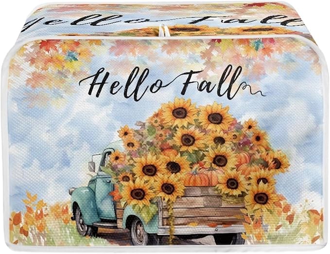 UNICEU Hello Fall 2 Slice Quilted Toaster Covers, Farmhouse Truck with Sunflower Dust-proof Bread Maker Cover, Kitchen Small Appliance Dust Cover