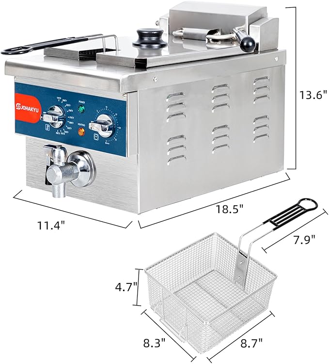 JOHAKYU 13Lbs/6L Electric Commercial Deep Fryer with Basket, Timer & Drain - Swung Up Fryer Head, 120V 1800W Stainless Steel Countertop for Home & Restaurant Use