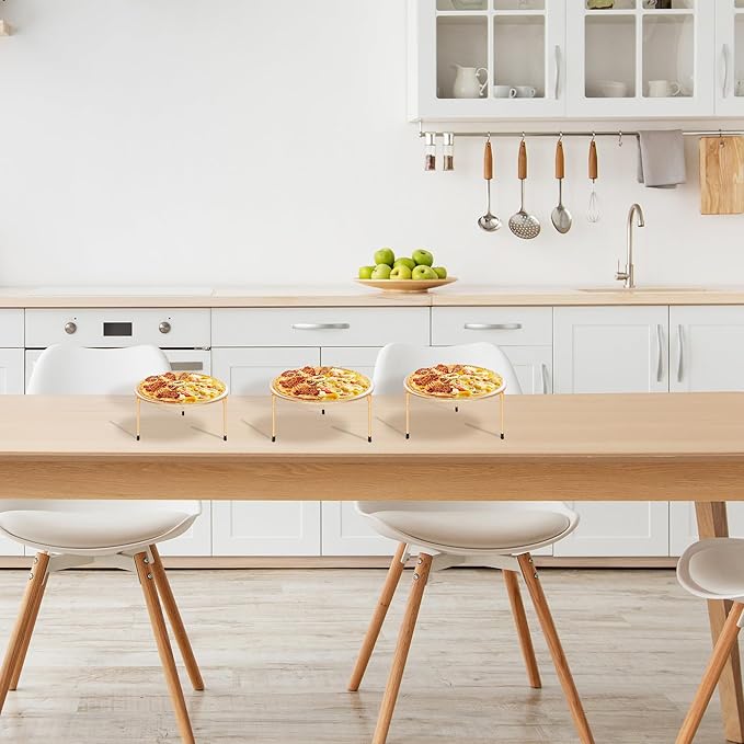 HPC DECOR Set of 3 Gold Metal Wire Pizza Pan Riser Stands-Round Pizza Tray Riser Rack ,Tabletop Display Racks for Food Platter Tray- Metal Display Stands,Pizza Rack Tray for Home,Restaurant and Party.