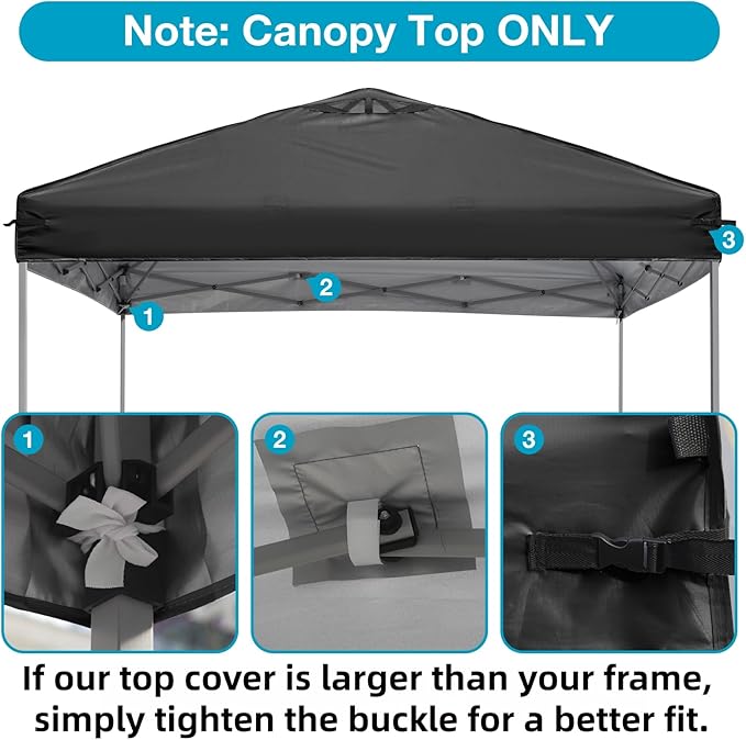 10x10 Canopy Replacement Top Cover with Air Vents for ez up Pop up Canopy Gazebo Tent, with Adjustable Strap, Waterproof & Anti-UV for Outdoor Shade (Frame Not Included) (Black)