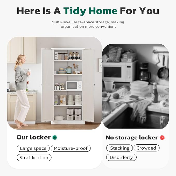 Greenvelly Metal Cabinet, 63" H White Metal Storage Cabinet with Doors and 4 Shelves, Pantry Storage Cabinet for Kitchen, Bedroom, Living Room, Office (Farmhouse)