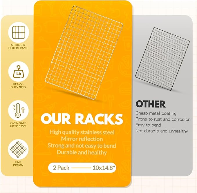 2 PCS Cooling Racks for Cooking and Baking, 14.8x10 Inches Stainless Steel Cooling Rack, Sheet Pan with Wire Rack for Baking Sheet, Bacon Rack Oven Safe Fits Jelly Roll Sheet Pan