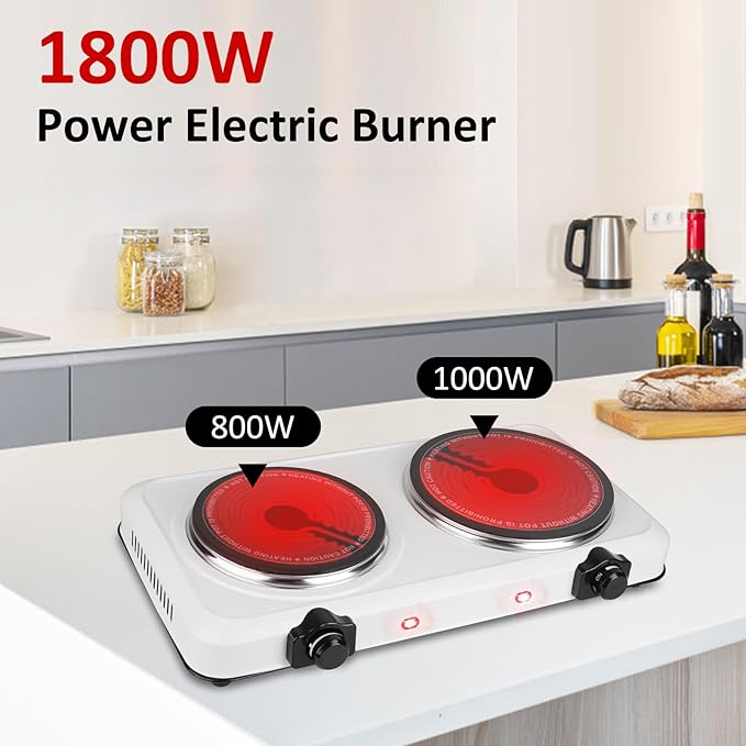 1800W Infrared Double Burner, Portable Hot Plate for Cooking, Countertop Burner with 7.5” & 6.3” Glass Plate Electric Cooktop with Stepless Temperature Adjustments for Home RV Camping