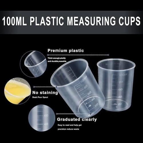 100Pcs 100ML Plastic Graduated Measuring Beaker Set, Clear Liquid Measuring Mixing Cups for Epoxy Resin, Liquid Container Beakers for Resin Epoxy Paint Food, Lab Use, Raised Graduations, Tapered Spout
