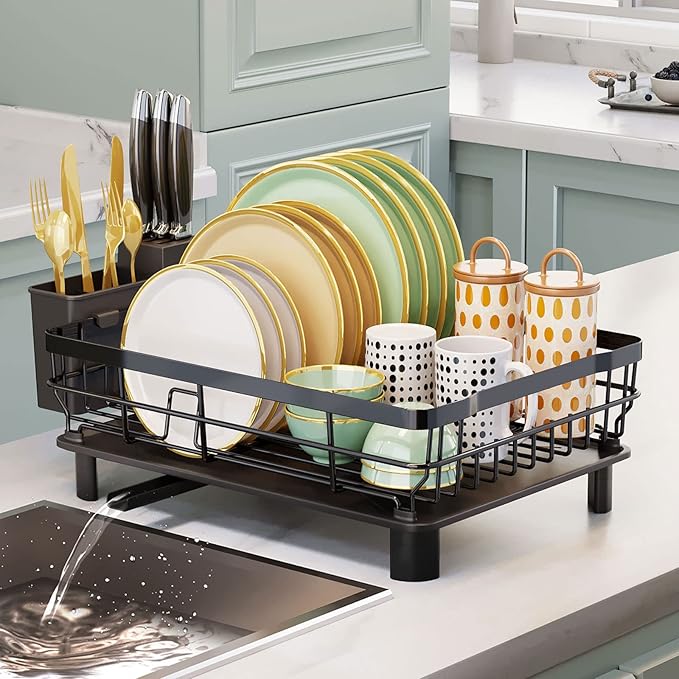 Iron Dish Drying Rack with Drainboard Dish Drainers for Kitchen Counter Extendable Spout Strainers with Utensil Holder and Knife Slots, Black