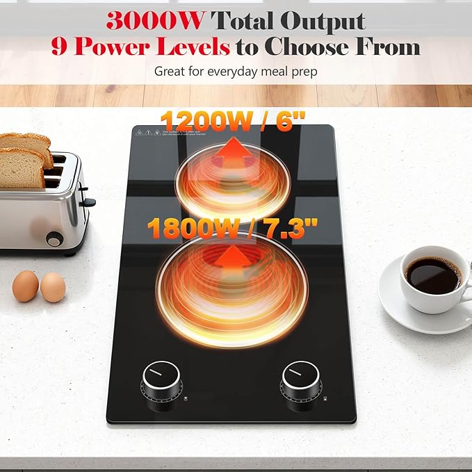SNDOAS 2 Burner Electric Cooktop,12 inch Built-in 3000W and 9 Power Levels Glass Ceramic Stove Top,Electric Stove with Knob Control,Hardwired 240V for Kitchen,Residual Heat Protection,Easy Clean
