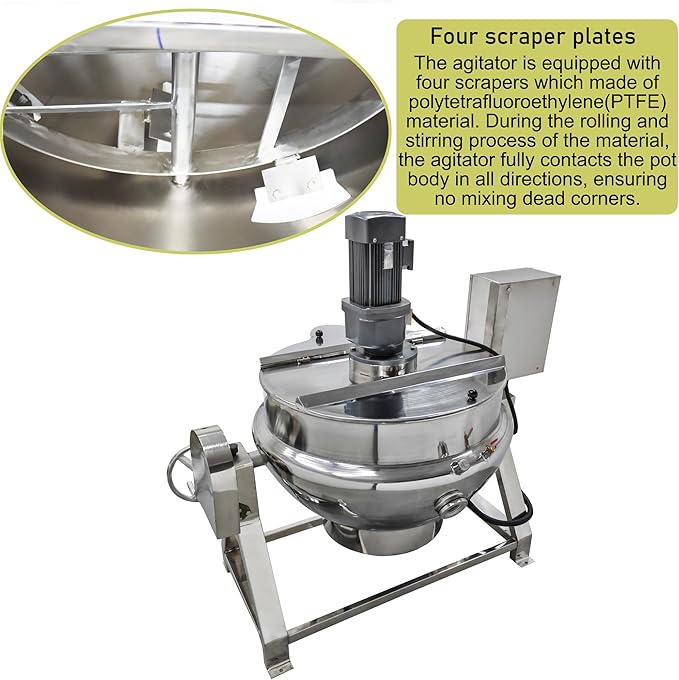Jacketed Cooking Pot Electric Jacketed Kettle with Stirrer Commercial Stainless Steel Tiltable Jacketed Pot 200L 52.8Gallon Capacity for Soup Chili Sauce Beverage Jam Porridge 220V