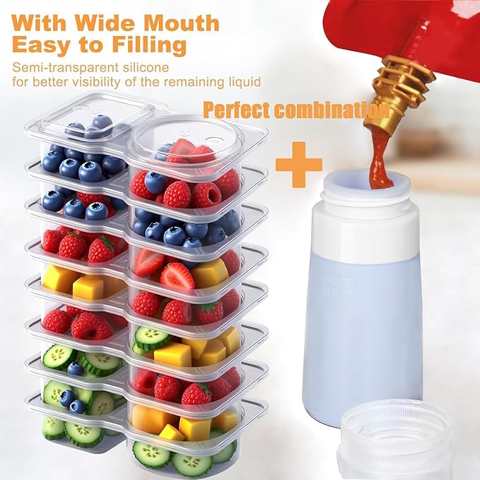 16Set Double Compartment Snack Containers with Lids,Snack Pack Containers for Kids & Adults, 4pcs Silicone Condiment Squeeze Bottles,Leakproof Sauces Container, Salad Dressing Container