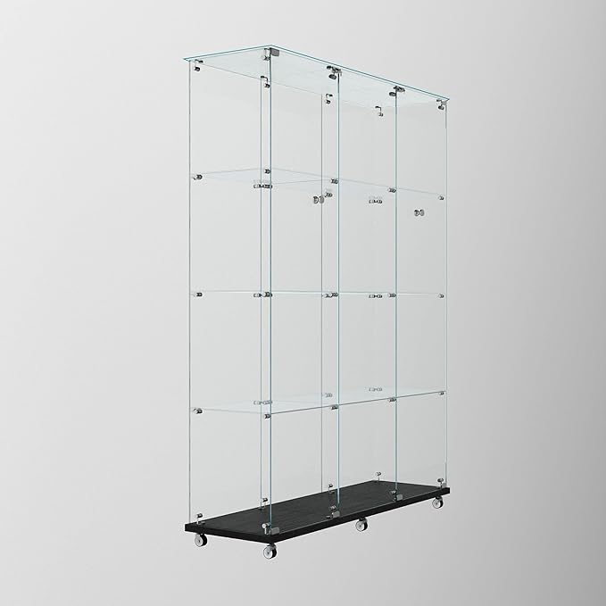 Glass Display Cabinet with LED Light Strip, 12 Shelves 3 Column 2 Doors, Large Glass Top Curio Storage Cabinets with Lock & Caster for Living Room, Office,Floor Standing Bookshelf - Black