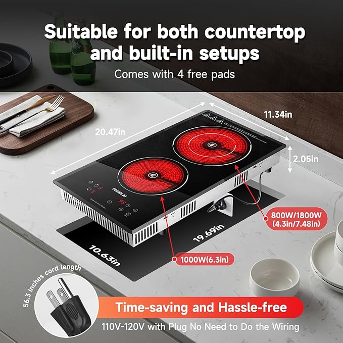 2 Burners Electric Cooktop, Portable Ceramic Cooktop with 9 Power Levels & Timer, 1800W 120V, Child Safety Lock, Built-in/Countertop Use, RV Camping, Safety Auto Shutoff, UL Certified Plug