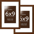 Homeforia 6x9 Picture Frame Brown Wood, High End Dark Oak 6x9 Walnut Wooden Frames with Mat 4x6 Photo, 6 x 9 Frame Matted to 4 x 6 Print, 9x6 Wall or Tabletop Frame, Tempered Glass, Wall Kit, Set of 2