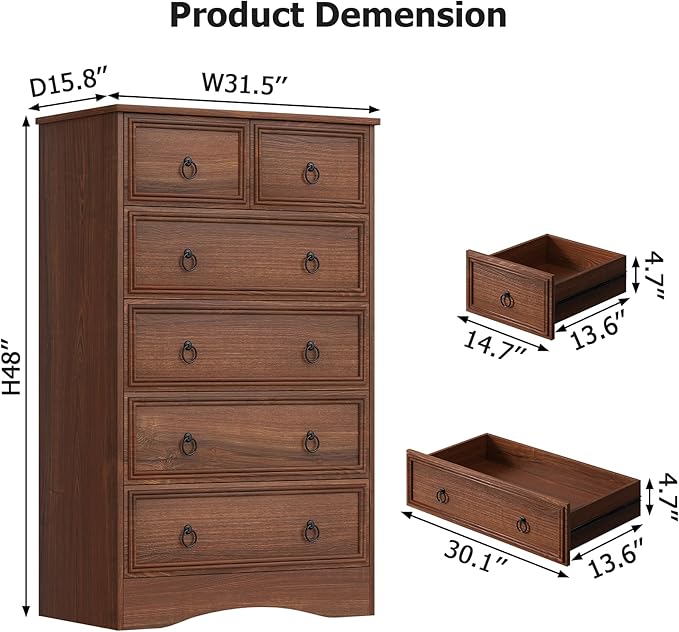 Dresser for Bedroom Tall, Mid Century Modern 6 Drawer Dresser, Cherry Wood Chest od Drawer with Large Storage for Clothes, Vintage, for Living Room, Bedroom, Hallway
