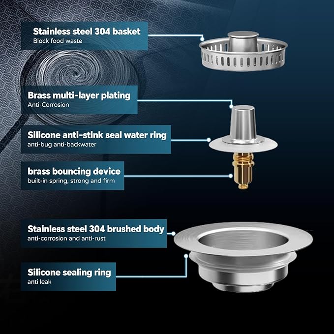 Kitchen Sink Drain Strainer, 4 in 1 All Stainless Steel Sink Strainer, Pop Up Anti-Clogging Sink Stopper, Sink Strainer with Copper Bounce for US Standard Sink Accessories, 2 Packs