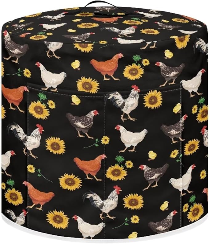 Insulated Pressure Cooker Appliance Cover, Also Fit for Rice Cooker, Air Fryer and Crock Pot, 3 Qt Dust Cover with Pocket for Spoon/Cooking Utensils/Recipes, Chicken Sunflower Black