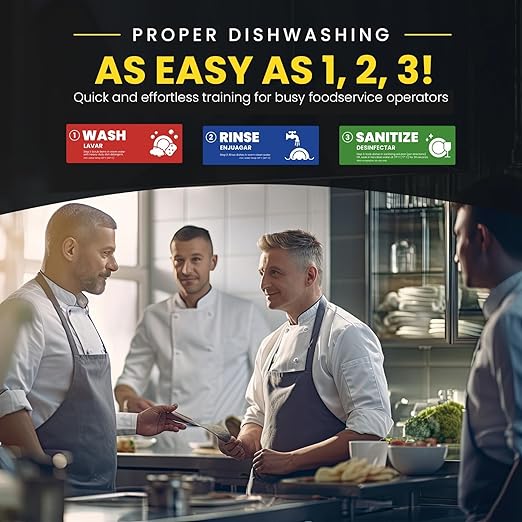 [Enhanced] Wash Rinse Sanitize Sink Labels | 3 Compartment Sink Stickers | Training Labels for Dishwashing | Food Service, Restaurant, Commercial Kitchen (1 Set: 6 x 2 in)