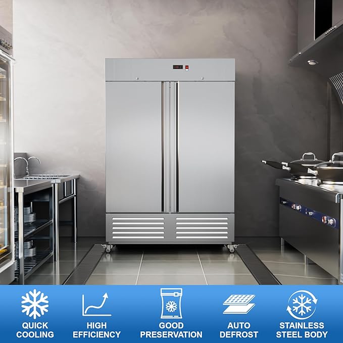 Commercial Freezer 54"W 2 Door Stainless Steel Reach-in Solid Door Upright Freezer Fan Cooling 49 Cu.ft Freezers -8-1°F for Restaurant, Bar, Shop