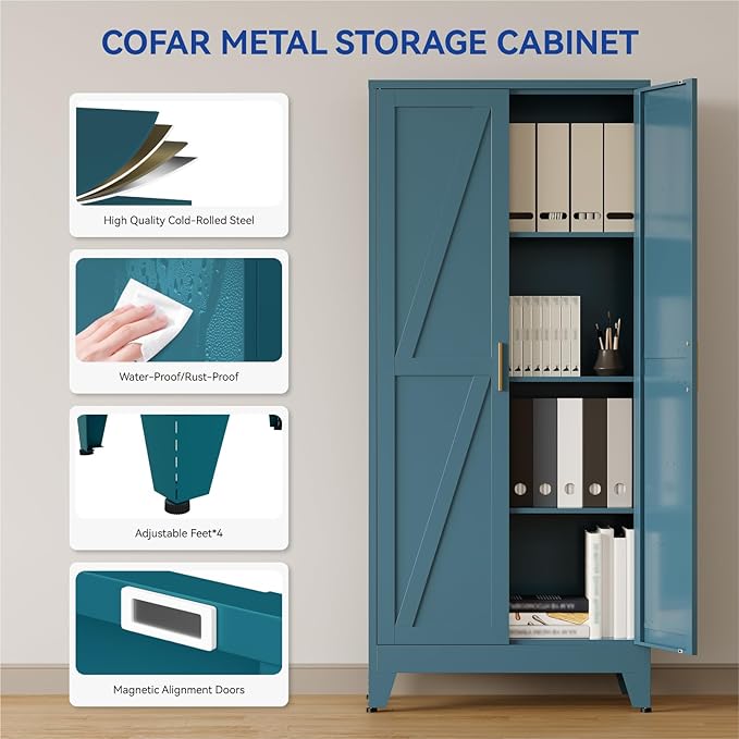 COFaR Metal Storage Cabinet, 61 in Tall Metal Cabinet with 3 Adjustable Shelves and Barn Doors, Farmhouse Cupboard Storage for Kitchen Pantry Garage, 4-Tier Peacock Blue