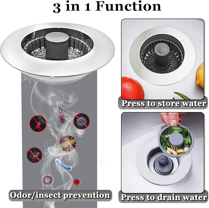 3 in 1 Kitchen Sink Stopper, Pop Up Kitchen Sink Drain Strainer, with an Extra Basket Strainer, Kitchen Sink Drain Stopper for US Standard 3-1/2 Inch, Brass Material Electroplate Silver