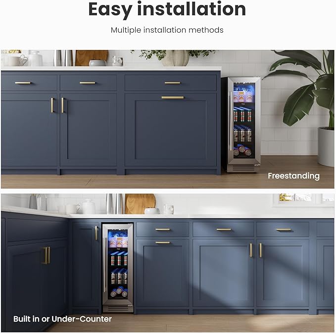 Yeego Beverage Refrigerator & Drink Fridge - 12 inch 60 Cans Beer Cooler Glass Door, 34-54℉ Under Counter Refrigerator Built-in for Drink Soda Wine for Bar Office Bedroom