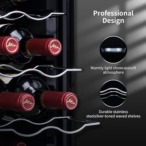 12 Bottle Black Wine Fridge,Freestanding Stainless Steel Small Wine Cooler For Red&White Wine,Wine Cooler Refrigerator 41°-64°F Digital Temperature Control Glass Door For Bar,Home Black
