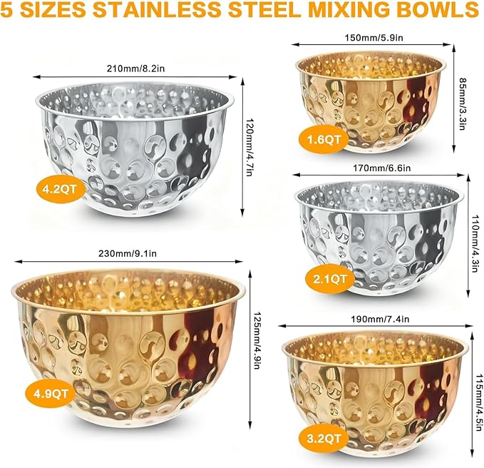 Gold Mixing Bowls Set of 5, Stainless Steel Mixing Bowls, Metal Nesting Salad Bowls Kitchen Food Storage Containers for Cooking, Baking, Prepping Christmas Serving, No Lids, 1.6/2/3.2/4.2/4.9 QT