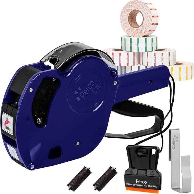 Perco Lite 1 Line Date Gun with Day of Week Labels Kit - Includes Perco Lite Date-Marking Gun, 1 Sleeve (7 Rolls) of Day of Week Labels (Full Week), 1 Scraper, 2 Ink Rollers (1 Preloaded) & 1 Gun Clip