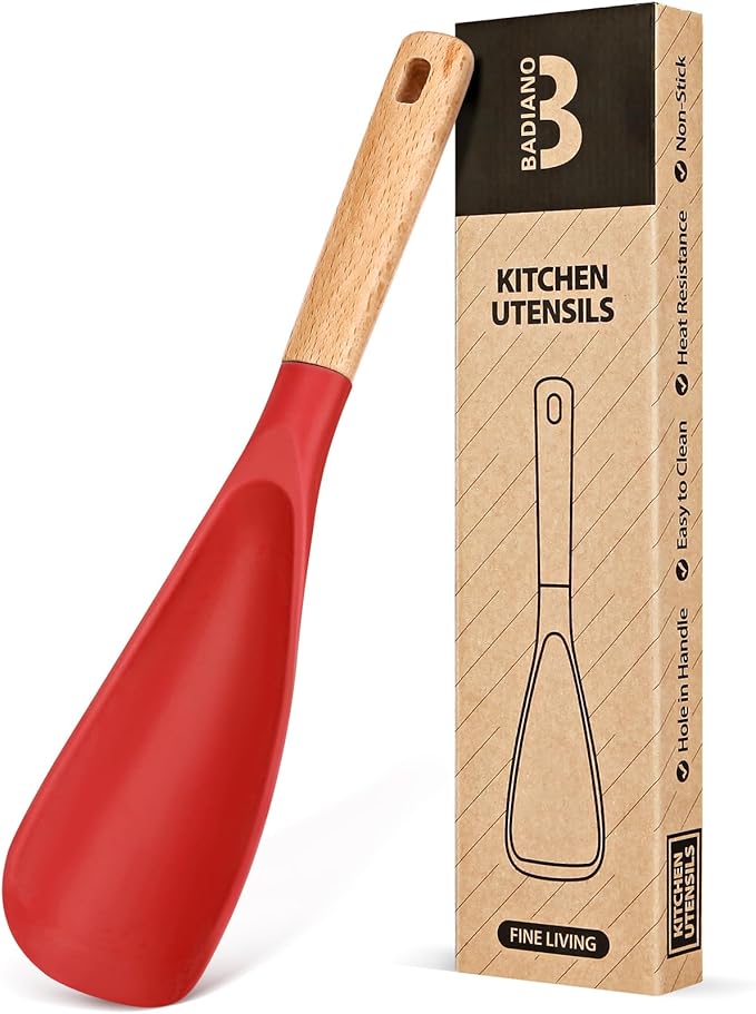 Cooking Spoon for Nonstick Cookwares, Great for Cooking and Serving Sturdy BPA-Free Matte Silicone, Wood Handle Spoon for Mixing, Scoop, and Scrape (RED, 11.4 inch)