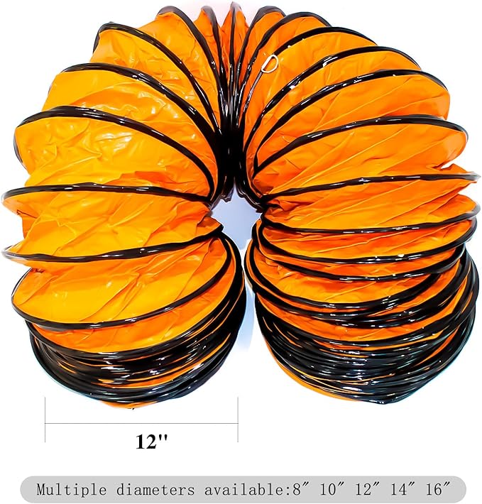 12"×25FT PVC Flexible Duct Hose, Flame Retardant HVAC Ducting with Adjustable Rope, D Hook & Steel Support for Ventilation, Exhaust, Drying, and Cooling Applications