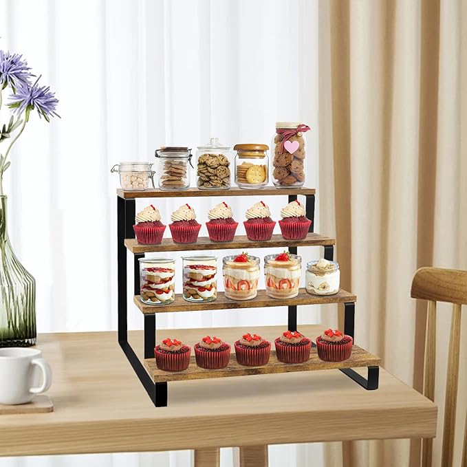 ELITEROO Wood Display Stand, 4 Tier Perfume Stand Organizer, Display Riser for Food, Tiered Cupcake Stand Risers, Table Display Shelf for Vendors Event, Candles, Tumblers, Soaps