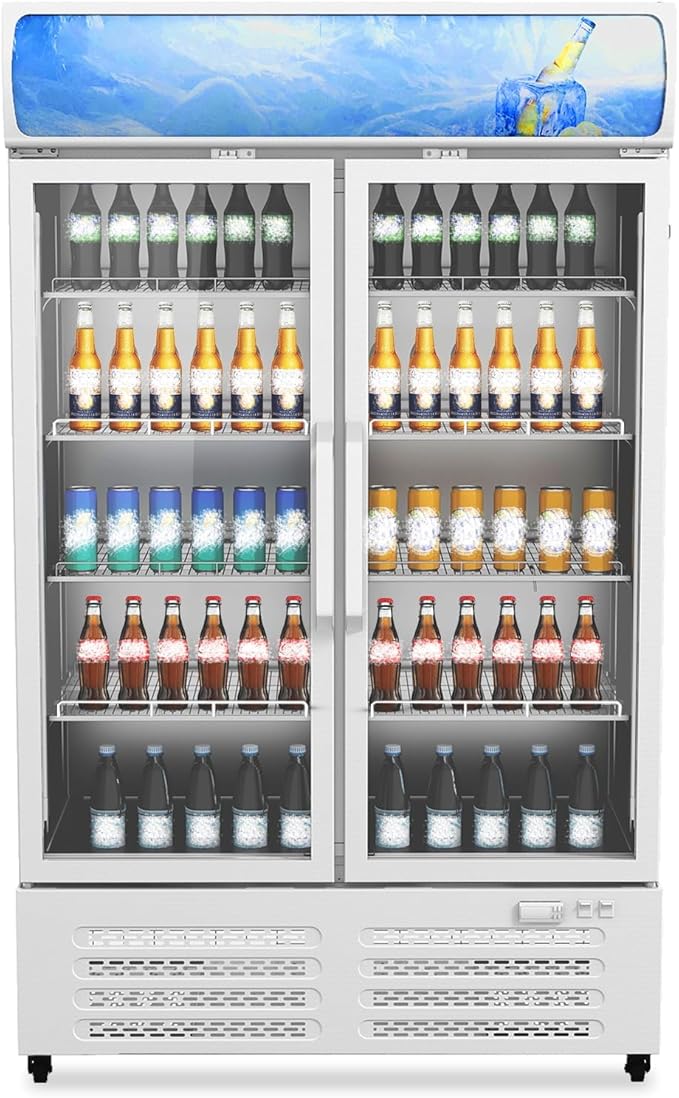 GarveeLife 25.3 Cu Ft Beverage Cooler with Glass Doors, Commercial Merchandiser Refrigerator - LED Lightbox & Universal Casters for Convenience Stores, Bars