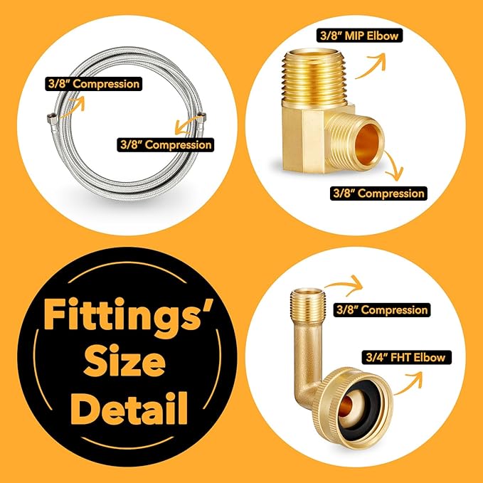 Dishwasher Installation Kit, 8 FT Stainless Steel Braided Dishwasher Water Supply Line with Food-Grade PEX, 3/8" x 3/8" MIP & 3/8" x 3/4" FHT Elbow Connectors