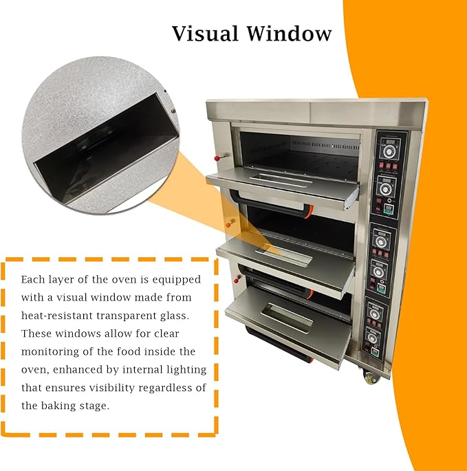 Gas Heating Pizza Oven Commercial Electric Pizza Oven Three Layers Movable Large Triple Oven Stainless Steel Baking Oven 0℃-400℃ Multipurpose Pizza Oven with 6 Baking Dishes 110V 300W