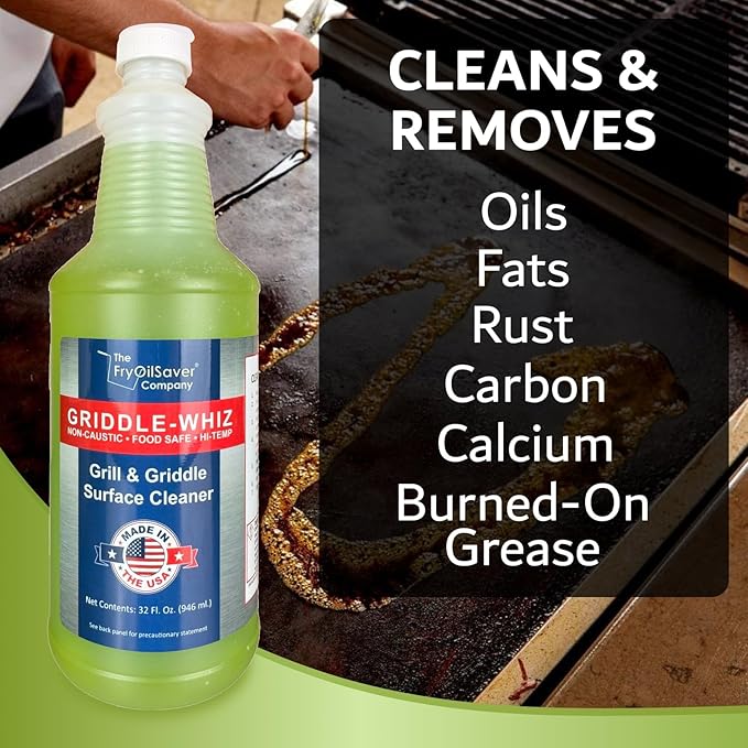 Griddle-Whiz Grill & Griddle Cleaner (4-Pack) | Removes Grease, Food Residue, Burnt On Organics | High Heat Flat Top Grill Cleaner, Food Contact Surface | Non-Caustic Formula by FryOilSaver (32oz)