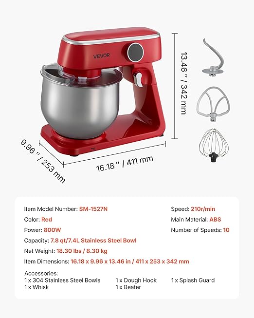 VEVOR Stand Mixer, 7.8 QT Electric Kitchen Mixer, 800W Dough-Mixer, 10 Speeds Tilt-head Food-Mixer with Stainless Steel Bowl, Dough Hook, Whisk, Beater, for Baking, Mixing, Whipping & Kneading, Red