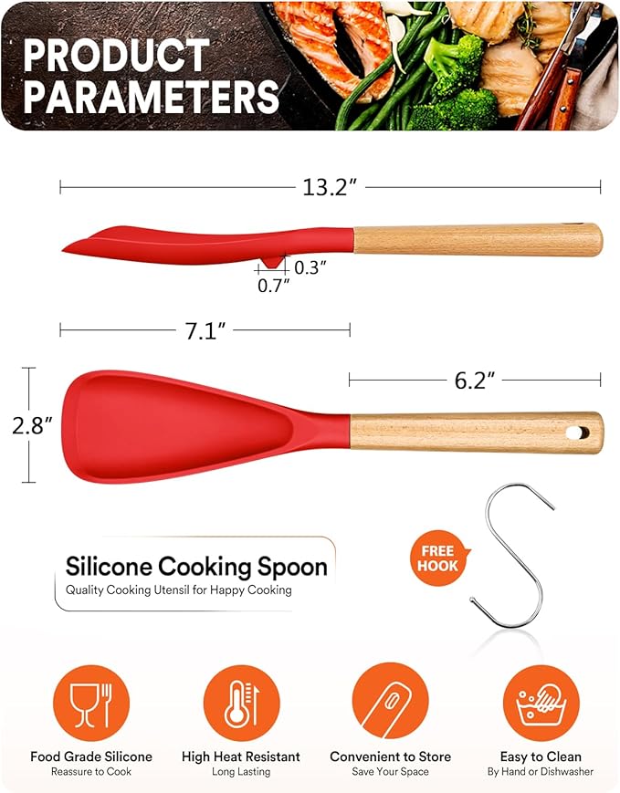Cooking Spoon for Nonstick Cookwares, Great for Cooking and Serving Sturdy BPA-Free Matte Silicone, Wood Handle Spoon for Mixing, Scoop, and Scrape (RED, 13.4 inch)