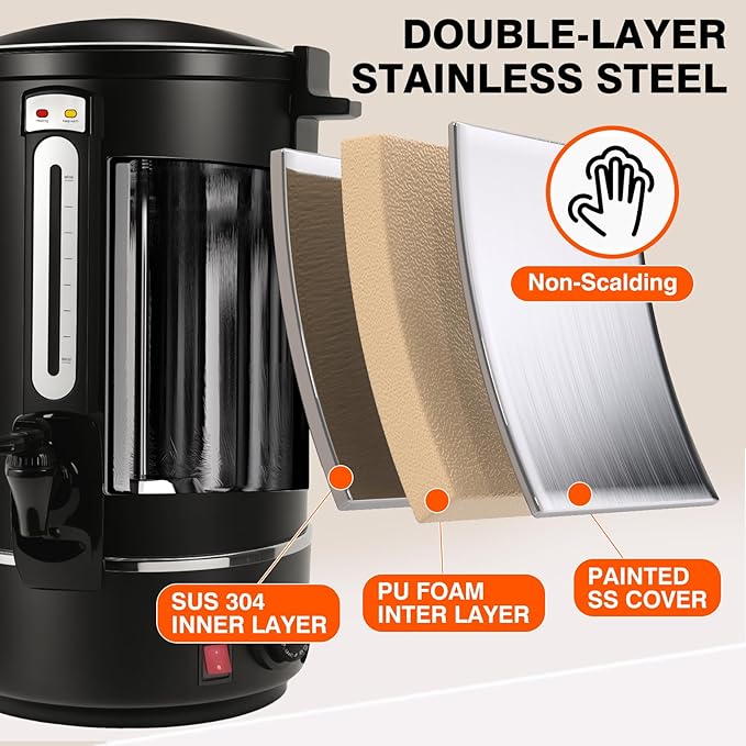 Commercial Coffee Urn, 110-Cup 16L Fast Brew Stainless Steel Hot Beverage Dispenser ，Electric Hot Water Urn for Wedding, Party, Catering with Easy Cleaning. Black Dispenser (Double Wall)