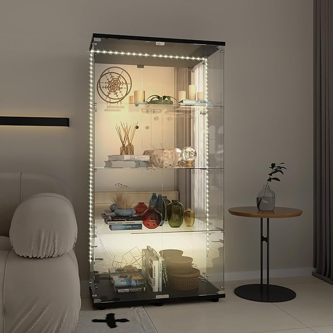 Glass Display Cabinet with LED Light Strip & Mirror Back Panel, 4 Shelves with 2 Doors, Curio Storage Cabinets with Lock for Living Room, Office, Floor Standing Glass Bookshelf - Black