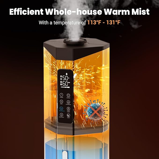 Humidifiers for Bedroom - GloryAir 2.38Gal/9L Top Fill Warm & Cool Mist Humidifier for Large Room 750ft² with Auto Mode 7-Color Light, Humidistat, Quiet Humidifier for Plants Baby Adults Home & Office