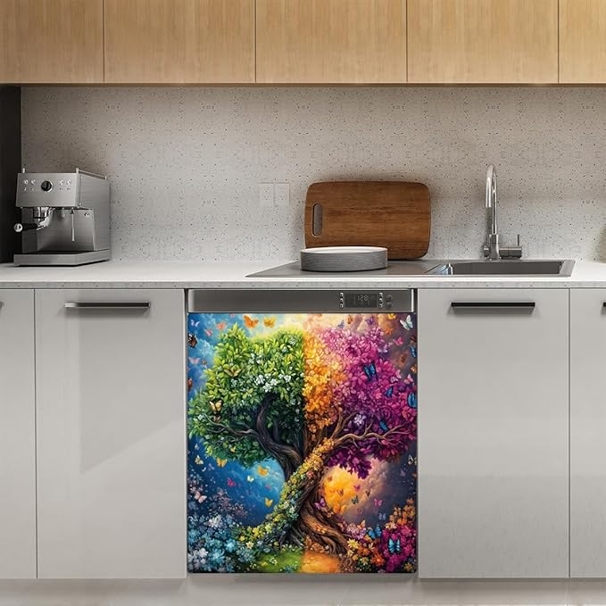 Colorful Tree Butterflies Dishwasher Magnet Cover, Reusable Refrigerator Panel Stickers Microwave Front Door Covers Magnets for Kitchen Home Appliances Holiday Party Decorations 23 X 26 in
