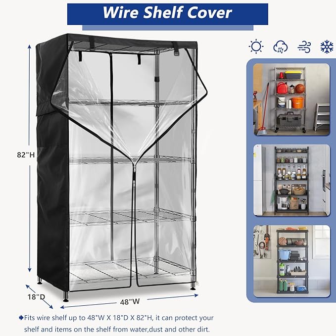 Wire Shelf Cover,600D Heavy Duty 100% Waterproof Shelf Covers for Wire Shelving,Outdoor Storage Shelves Cover for Metal Rack,48" W x 18" D x 82" H,Black with Clear Front