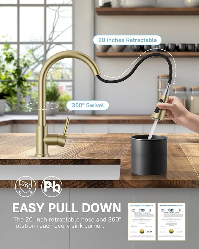 WEWE Kitchen Faucet with Pull Down Sprayer and Soap Dispenser, Stainless Steel Kitchen Sink Faucets, 3-Mode High Arc Single Handle Faucet for RV Farmhouse, Gold