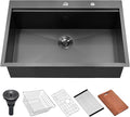 Scamall 33x22x10 Drop In Kitchen Sink Workstation, Nano Black 304 Stainless Steel Deep Single Bowl with Quick Drainage & Tarnish-Free Surface for Bar, Laundry, RV, Includes Accessories