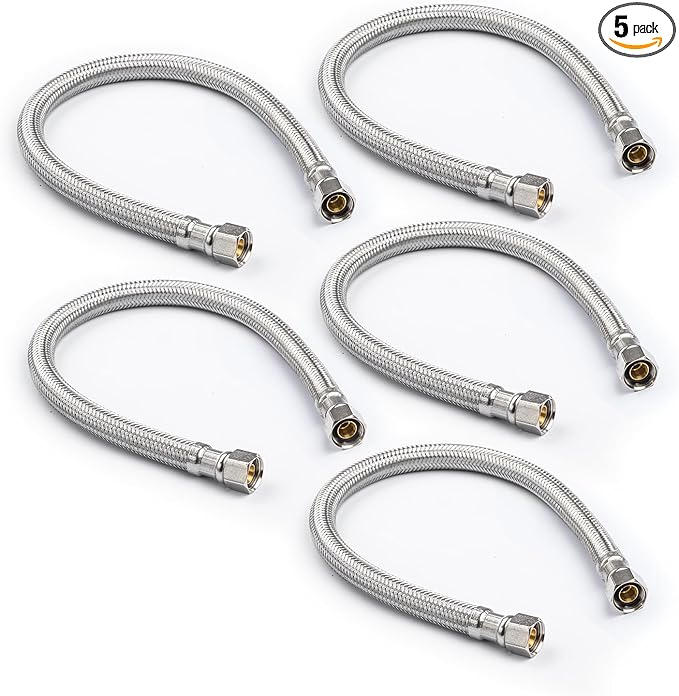 Stainless Steel Braided Water Connectors with Reinforced PVC Inner Hose for Faucets, 3/8" Compression x 3/8" Compression, 20" Length (5Pack)
