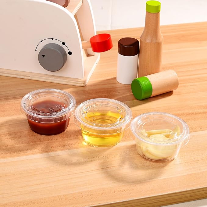 EDI - Clear Disposable Plastic Portion Cups with Leakproof Lids - Jello Shot, Condiment and Dipping Sauce, Souffle - BPA Free, Recyclable (2 OZ, 50 Sets)