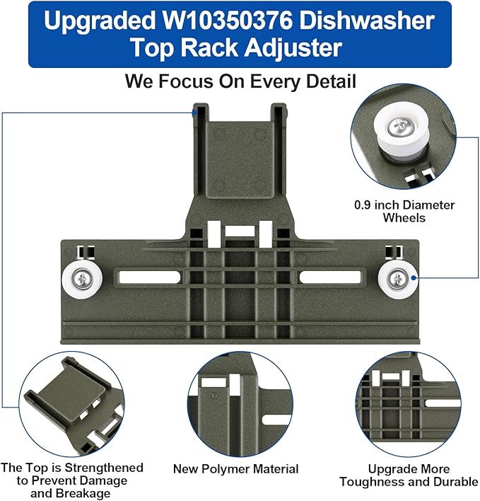 Upgraded W10350376 Dishwasher Top Rack Adjuster Parts For Whirlpool Kenmore W10195840 KUDS30IXSS4 Upper Rack Part,KUDS30FXSS5 Dishwasher Replacement Top Rack,For Kitchenaid Dishwasher Parts Upper Rack