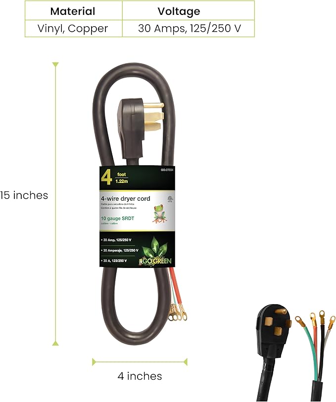 Go Green Power GG-27304 4' 4 Wire Dryer Cord, 30 Amp